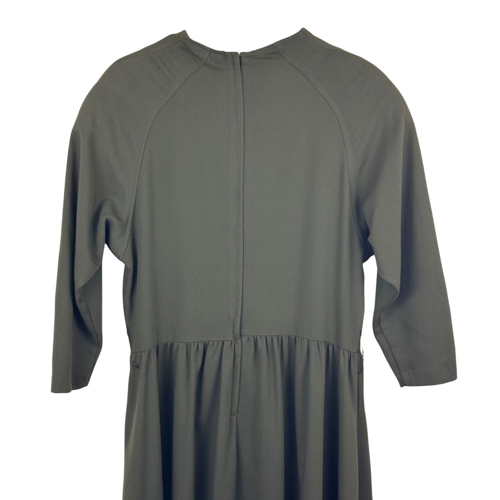 Vintage 80s Olive Green Midi Dress Prairie Cottagecore Dark Academia USA 13/14 - Picture 9 of 11